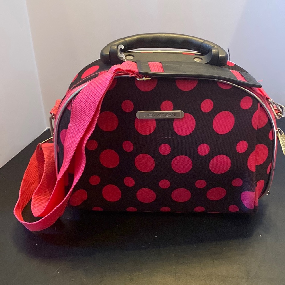Luca Vergani Cosmetic Makeup  Travel Bag case pink polka dots adjustable strap